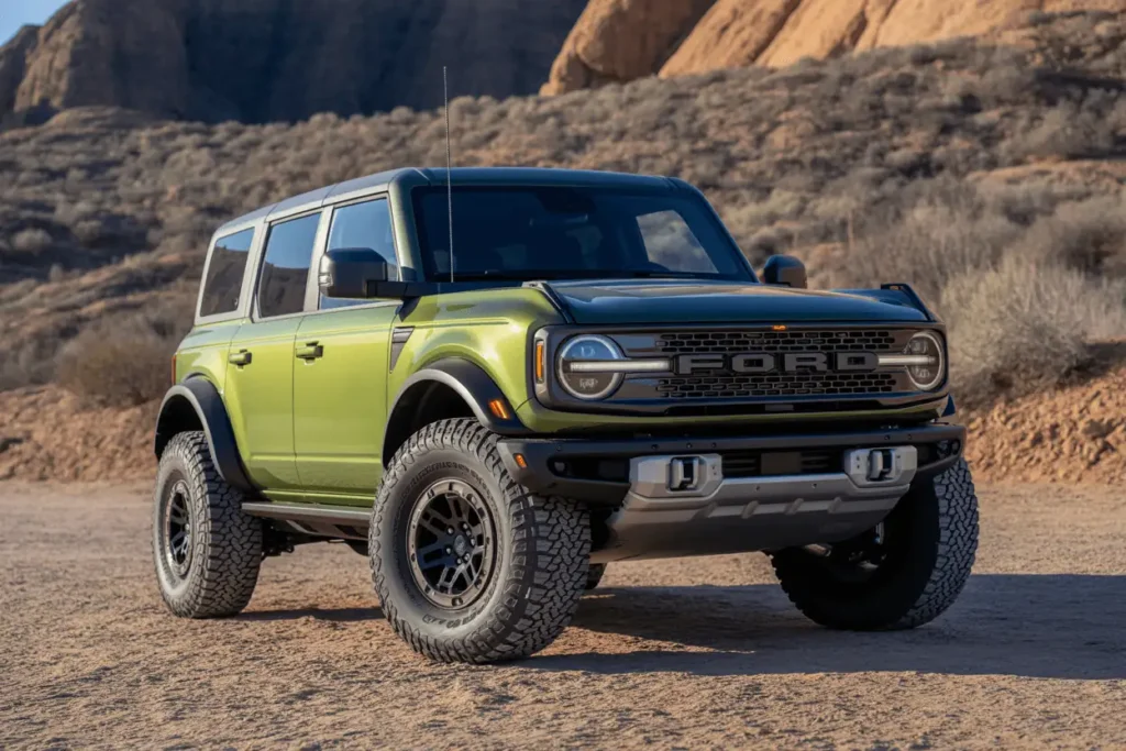 Front three quarter view of green 2025 Ford Bronco Raptor on rocky terrain emphasizing wide fenders LED headlights and off road tires Front three quarter view of green 2025 Ford Bronco Raptor on rocky terrain emphasizing wide fenders LED headlights and off road tires