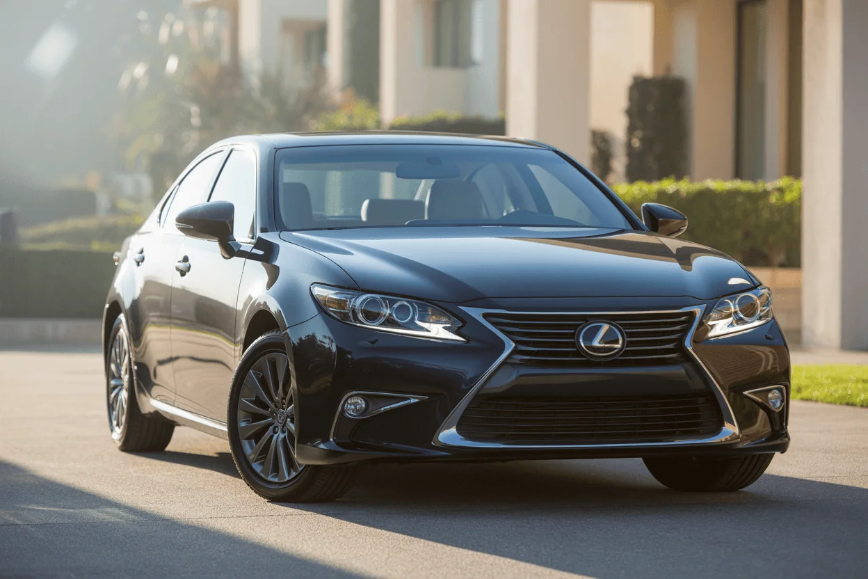 Front view of 2013 Lexus ES 350 sedan parked on sunlit driveway, showcasing LED headlights and signature spindle grille.