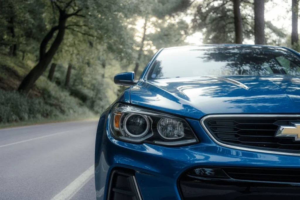 Front view of blue 2016 Chevrolet SS sedan highlighting projector headlights chrome grille on a tree lined mountain road Front view of blue 2016 Chevrolet SS sedan highlighting projector headlights chrome grille on a tree lined mountain road