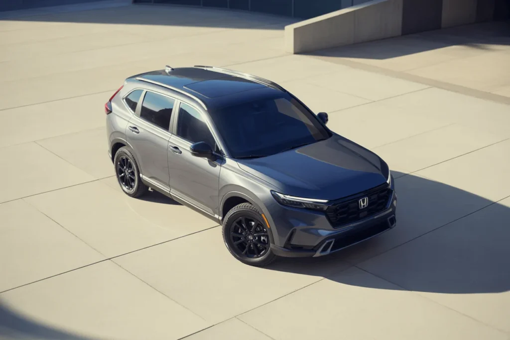 High aerial three quarter view of 2025 Honda CR V SUV in minimalist plaza showcasing panoramic roof and black wheels High aerial three quarter view of 2025 Honda CR V SUV in minimalist plaza showcasing panoramic roof and black wheels