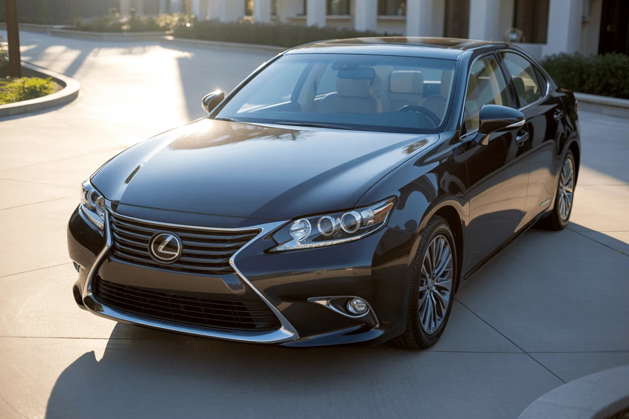 High front three quarter right angle of 2013 Lexus ES 350 on clean plaza emphasizing sculpted hood and reflective black paint High front three quarter right angle of 2013 Lexus ES 350 on clean plaza emphasizing sculpted hood and reflective black paint