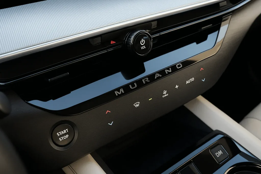 Interior close up of 2025 Nissan Murano Platinum center stack featuring Murano branding climate controls and glossy black trim Interior close up of 2025 Nissan Murano Platinum center stack featuring Murano branding climate controls and glossy black trim