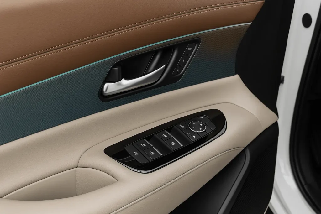 Interior door panel of 2025 Nissan Murano Platinum highlighting layered brown and beige materials stitching and power window controls Interior door panel of 2025 Nissan Murano Platinum highlighting layered brown and beige materials stitching and power window controls
