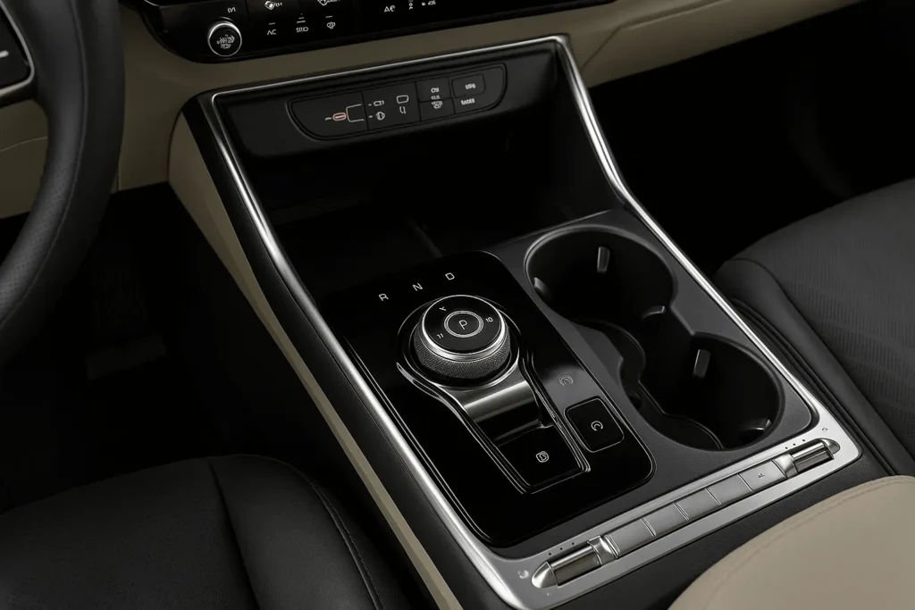 Kia Carnival center console close up top down angle showing rotary shift dial cupholders and gloss black trim Kia Carnival center console close up top down angle showing rotary shift dial cupholders and gloss black trim