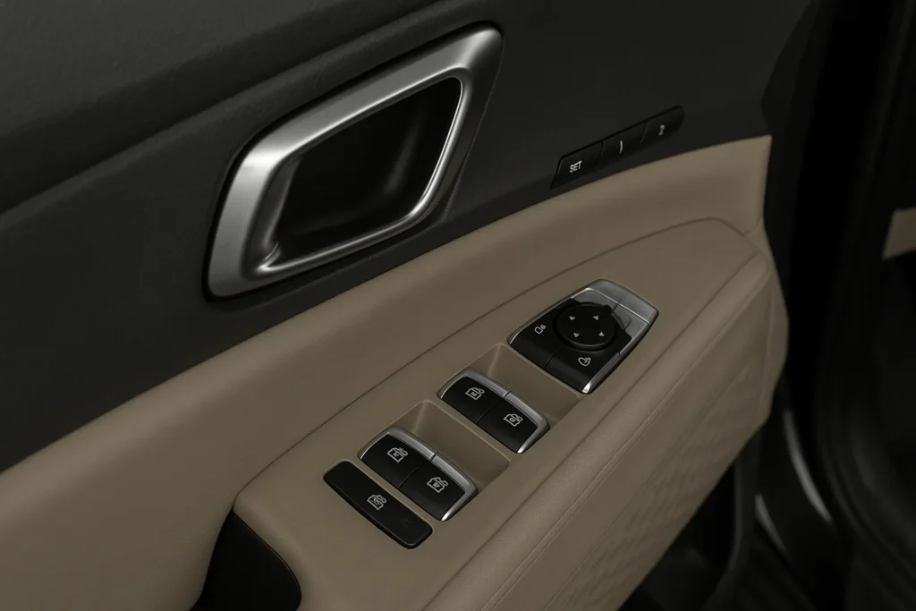 Kia Carnival driver door panel angled interior view with metallic handle window switches mirror controls and beige trim Kia Carnival driver door panel angled interior view with metallic handle window switches mirror controls and beige trim