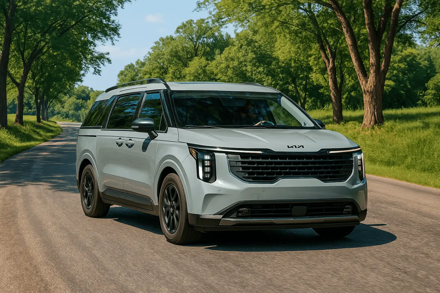kia carnival front three quarter driving shot, tree lined country road highlighting suv like stance, led headlights and black wheels.