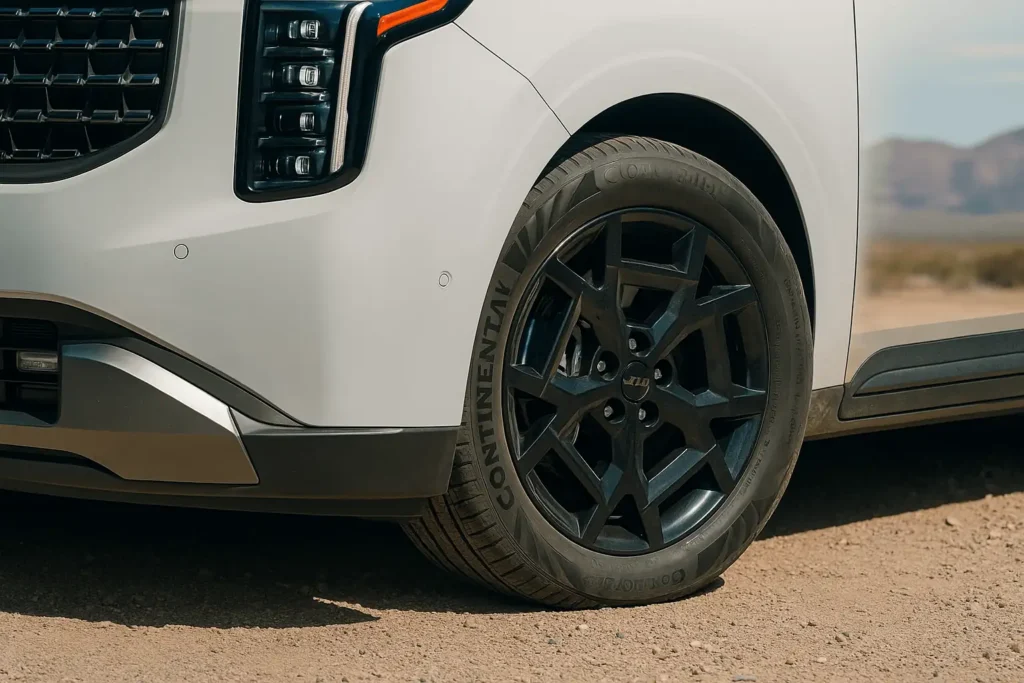 Kia Carnival front wheel close up desert roadside scene with black alloy rims and Continental branded tire Kia Carnival front wheel close up desert roadside scene with black alloy rims and Continental branded tire