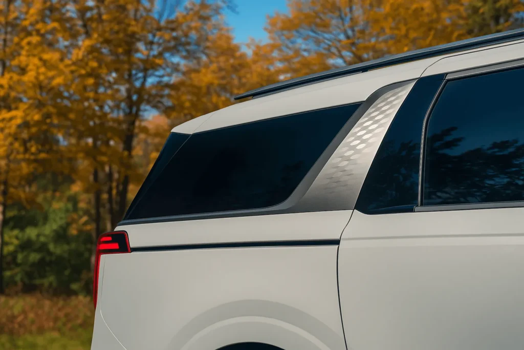 Kia Carnival rear side detail autumn background emphasizing floating roofline patterned C pillar trim and dark tinted windows Kia Carnival rear side detail autumn background emphasizing floating roofline patterned C pillar trim and dark tinted windows
