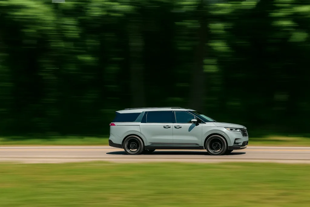 Kia Carnival side profile rolling shot blurred forest background emphasizing long minivan silhouette and dark alloy wheels Kia Carnival side profile rolling shot blurred forest background emphasizing long minivan silhouette and dark alloy wheels