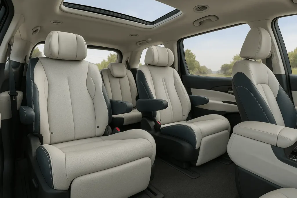 Kia Carnival three row interior wide side view showing captains chairs two tone leather seats and panoramic sunroof Kia Carnival three row interior wide side view showing captains chairs two tone leather seats and panoramic sunroof