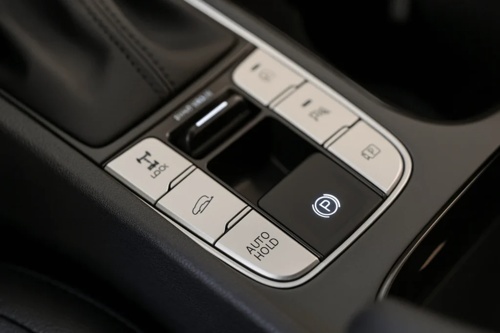 Macro top down shot of 2025 Hyundai Tucson center console with electronic parking brake Auto Hold and drive mode buttons Macro top down shot of 2025 Hyundai Tucson center console with electronic parking brake Auto Hold and drive mode buttons
