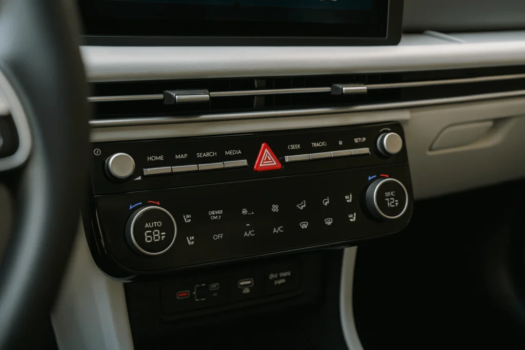 Passenger side close up of 2025 Hyundai Tucson climate and media controls red hazard button dual zone dials airy vents Passenger side close up of 2025 Hyundai Tucson climate and media controls red hazard button dual zone dials airy vents