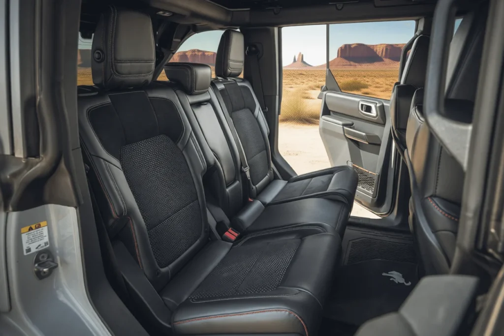 Rear seat interior view of the 2025 Ford Bronco Raptor showing black leather seating red accents and desert landscape visible through open door Rear seat interior view of the 2025 Ford Bronco Raptor showing black leather seating red accents and desert landscape visible through open door