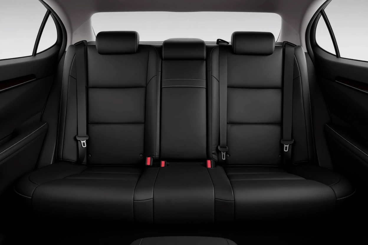 Rear seat view of 2013 Lexus ES 350 sedan black leather bench adjustable headrests and visible seatbelts Rear seat view of 2013 Lexus ES 350 sedan black leather bench adjustable headrests and visible seatbelts