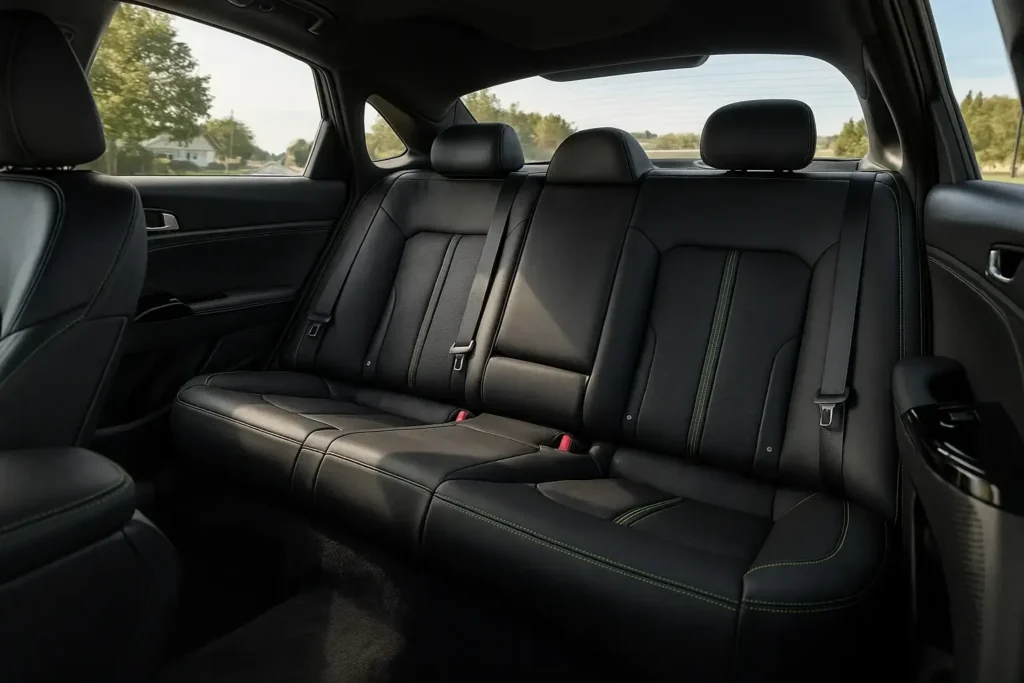 Rear seat view of 2025 Kia K5 sedan showing premium black leather upholstery with green stitching under natural daylight Rear seat view of 2025 Kia K5 sedan showing premium black leather upholstery with green stitching under natural daylight