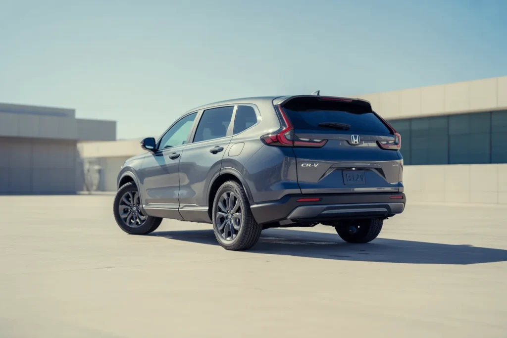 Rear three quarter angle of 2025 Honda CR V on sunny rooftop deck highlighting sculpted hatch rear spoiler and gray paint Rear three quarter angle of 2025 Honda CR V on sunny rooftop deck highlighting sculpted hatch rear spoiler and gray paint