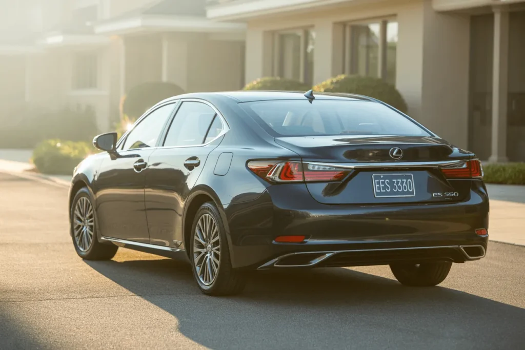 Rear three quarter left view of 2013 Lexus ES 350 in evening light highlighting bumper LED taillights and chrome trim Rear three quarter left view of 2013 Lexus ES 350 in evening light highlighting bumper LED taillights and chrome trim