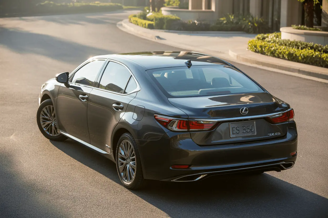 Rear three quarter right view of 2013 Lexus ES 350 on quiet neighborhood street showing flowing roofline and dual exhaust finishers Rear three quarter right view of 2013 Lexus ES 350 on quiet neighborhood street showing flowing roofline and dual exhaust finishers