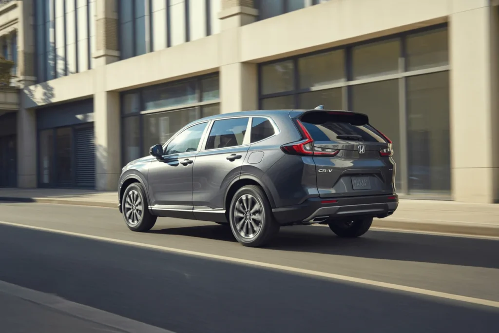 Rolling rear three quarter view of 2025 Honda CR V on urban street highlighting taillights motion blur and everyday family SUV vibe Rolling rear three quarter view of 2025 Honda CR V on urban street highlighting taillights motion blur and everyday family SUV vibe