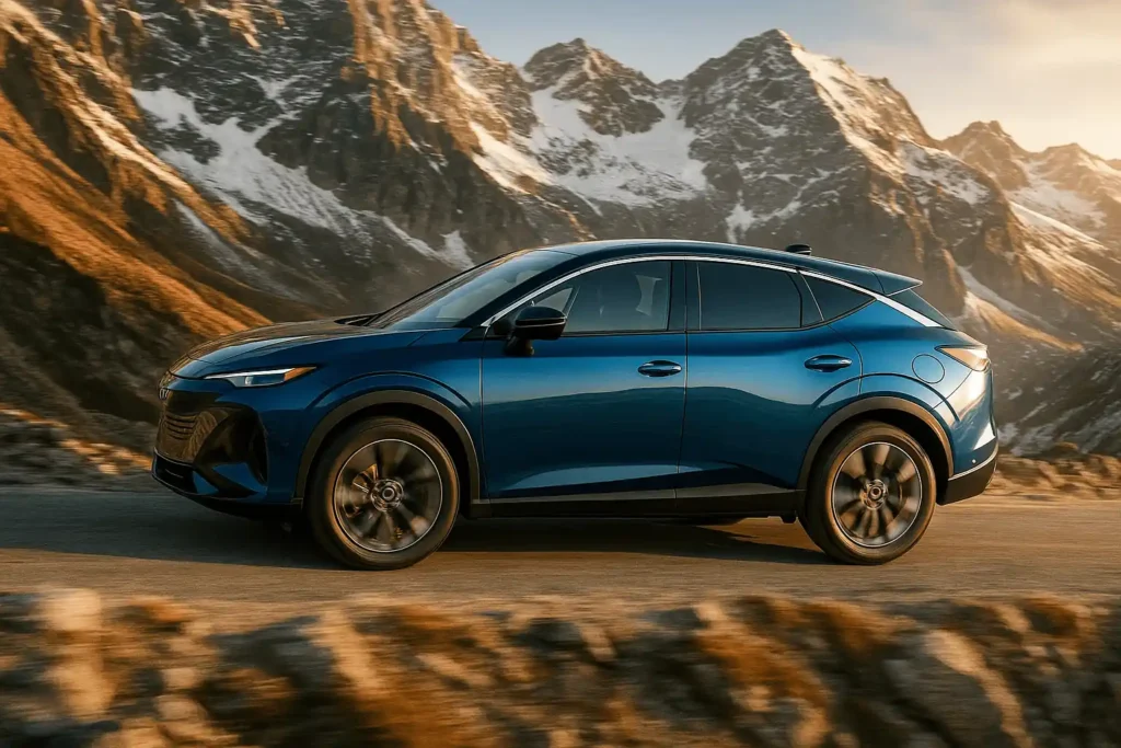Rolling side view of 2025 Nissan Murano Platinum driving on mountain road showcasing dynamic stance sculpted bodywork and wheels Rolling side view of 2025 Nissan Murano Platinum driving on mountain road showcasing dynamic stance sculpted bodywork and wheels