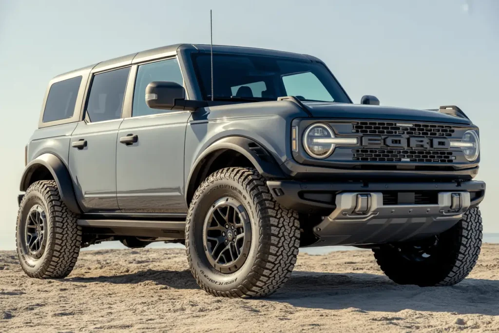 Side front view of grey 2025 Ford Bronco Raptor parked on a bright beach highlighting lifted suspension and rugged grille design Side front view of grey 2025 Ford Bronco Raptor parked on a bright beach highlighting lifted suspension and rugged grille design