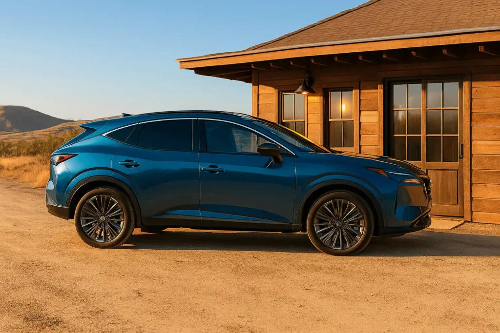 Side profile of 2025 Nissan Murano Platinum crossover parked by rustic cabin at sunset emphasizing sleek roofline and alloy wheels Side profile of 2025 Nissan Murano Platinum crossover parked by rustic cabin at sunset emphasizing sleek roofline and alloy wheels