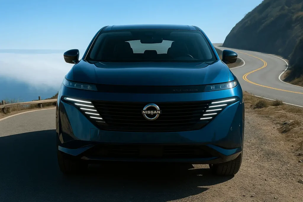 Straight on front view of 2025 Nissan Murano Platinum on coastal cliff road featuring illuminated LED daytime running lights Straight on front view of 2025 Nissan Murano Platinum on coastal cliff road featuring illuminated LED daytime running lights