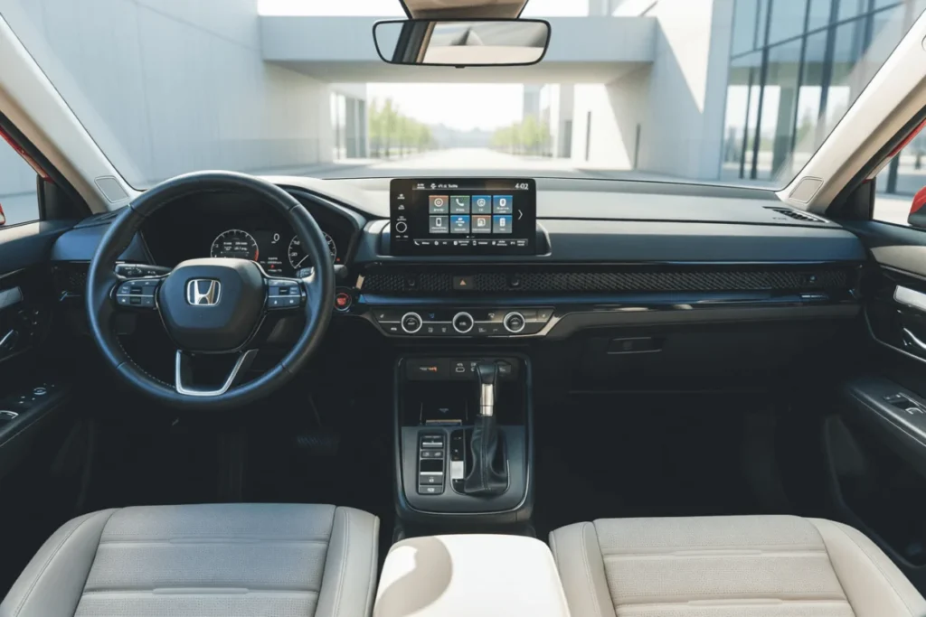 Straight on interior view of 2025 Honda CR V showing touchscreen infotainment leather seats and minimalist dashboard in bright courtyard setting Straight on interior view of 2025 Honda CR V showing touchscreen infotainment leather seats and minimalist dashboard in bright courtyard setting