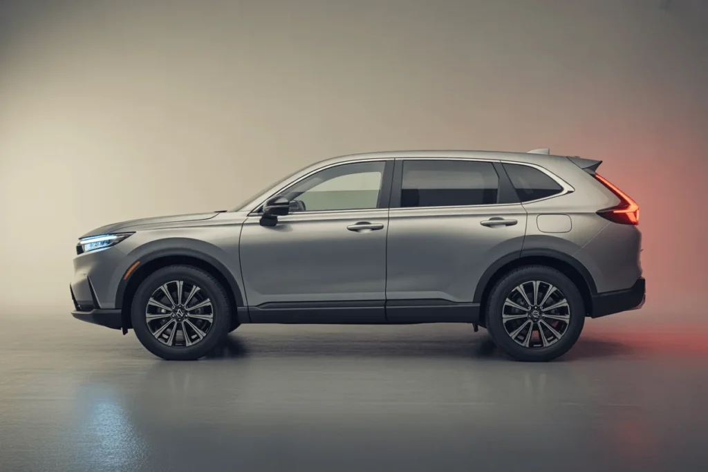 Studio side profile of 2025 Honda CR V in soft lighting emphasizing clean body lines LED headlights and taillight signature Studio side profile of 2025 Honda CR V in soft lighting emphasizing clean body lines LED headlights and taillight signature