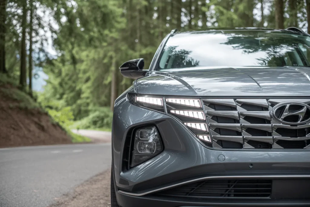 Tight front fascia close up of 2025 Hyundai Tucson parametric grille and stacked LED headlights forest bend background Tight front fascia close up of 2025 Hyundai Tucson parametric grille and stacked LED headlights forest bend background