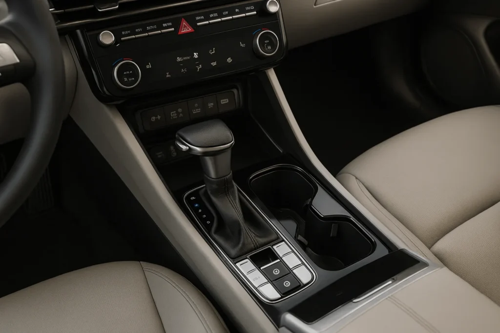 Top down three quarter shot of 2025 Hyundai Tucson shifter console beige seats cupholders electronic parking buttons premium trim Top down three quarter shot of 2025 Hyundai Tucson shifter console beige seats cupholders electronic parking buttons premium trim