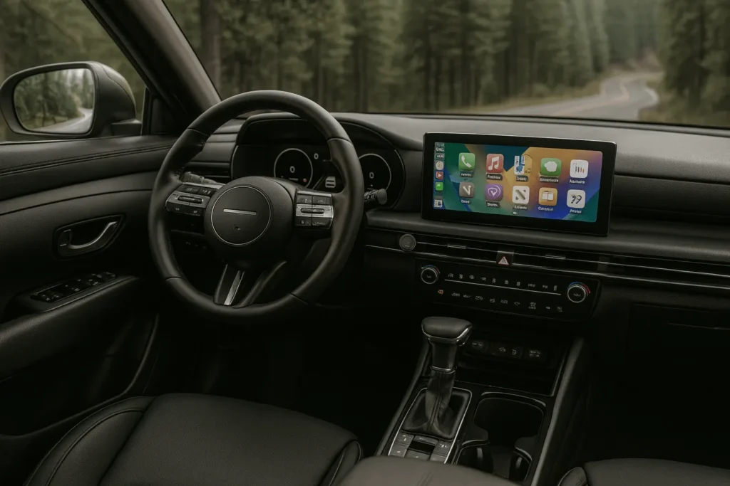 Wide cabin view of 2025 Hyundai Tucson interior steering wheel and touchscreen infotainment overlooking a winding mountain forest road Wide cabin view of 2025 Hyundai Tucson interior steering wheel and touchscreen infotainment overlooking a winding mountain forest road