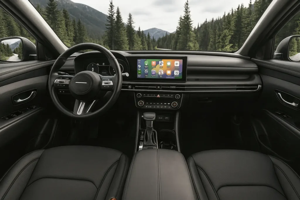 Wide cockpit view of 2025 Hyundai Tucson SUV black interior Apple CarPlay screen forest mountain road through windshield Wide cockpit view of 2025 Hyundai Tucson SUV black interior Apple CarPlay screen forest mountain road through windshield