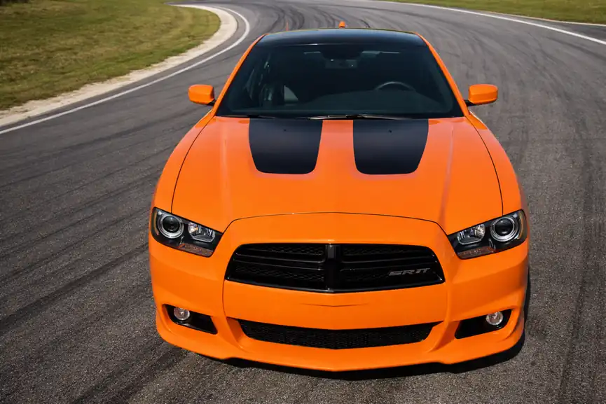 2014 Dodge Charger SRT8 Super Bee high head on front view with twin black hood decals 2014 Dodge Charger SRT8 Super Bee high head on front view with twin black hood decals