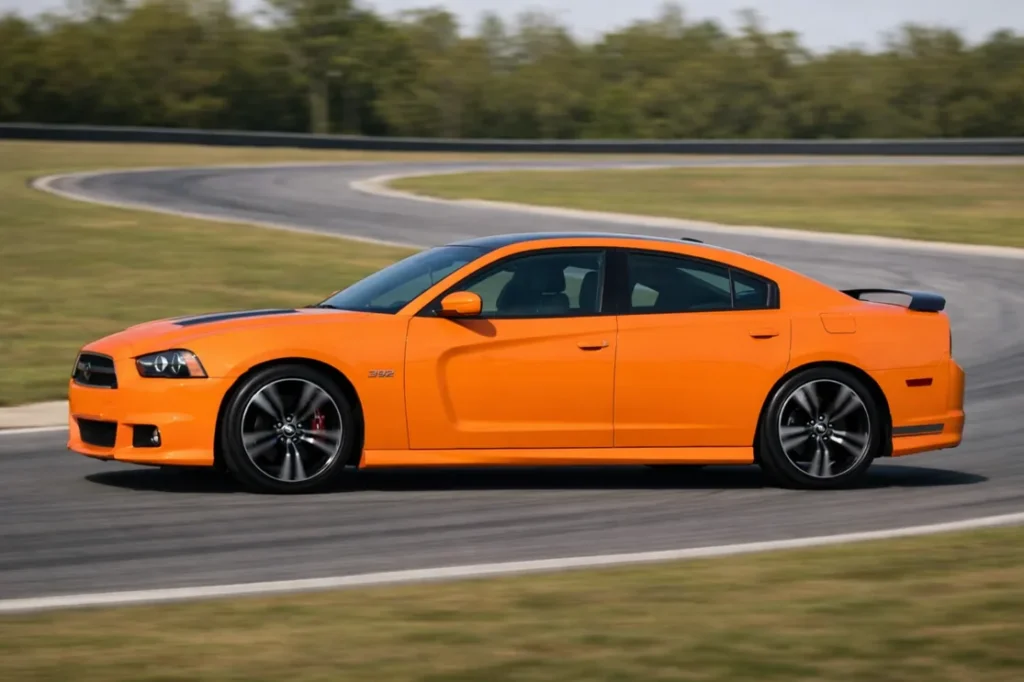 2014 Dodge Charger SRT8 Super Bee left side profile panning shot with 392 badge on road course 2014 Dodge Charger SRT8 Super Bee left side profile panning shot with 392 badge on road course