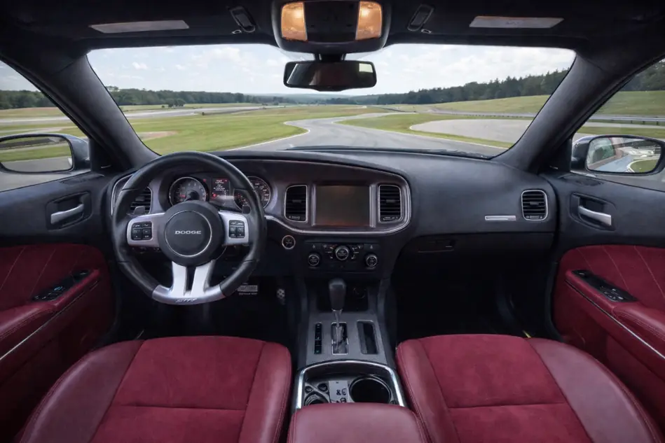 2014 Dodge Charger SRT8 Super Bee wide cockpit view from back seat facing racetrack 2014 Dodge Charger SRT8 Super Bee wide cockpit view from back seat facing racetrack