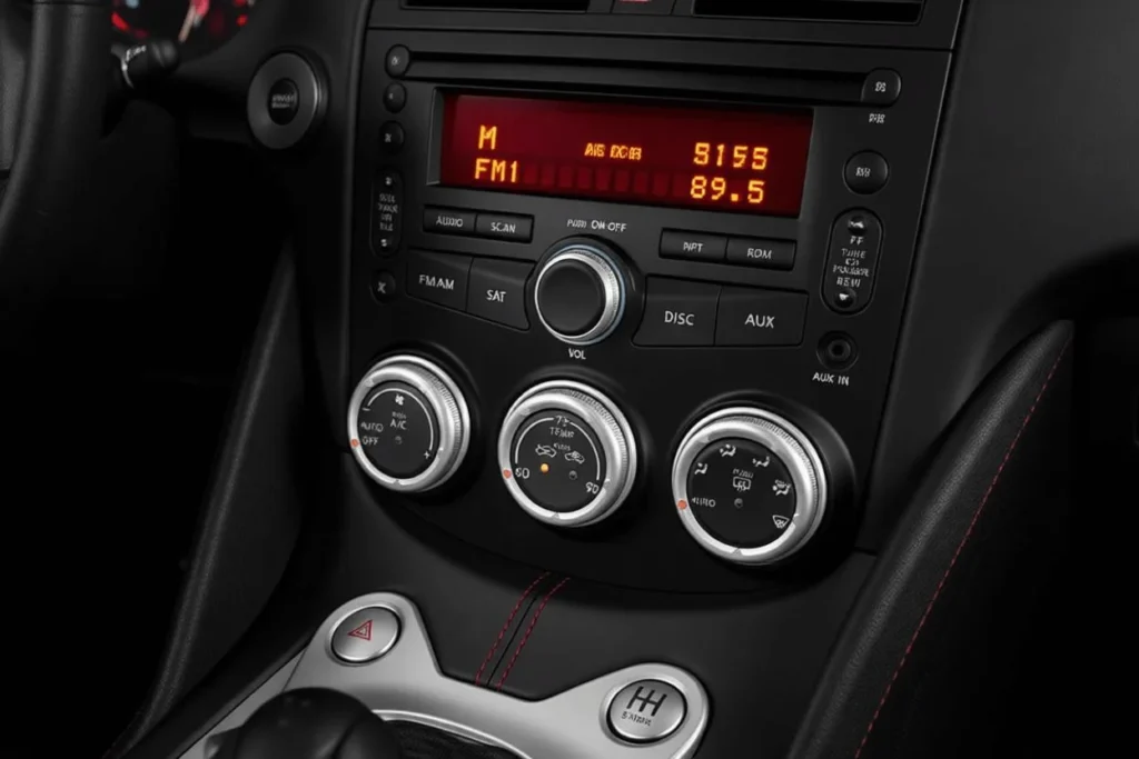 2014 Nissan 370Z Nismo center stack closeup red backlit radio display climate control knobs sporty black dashboard trim 2014 Nissan 370Z Nismo center stack closeup red backlit radio display climate control knobs sporty black dashboard trim