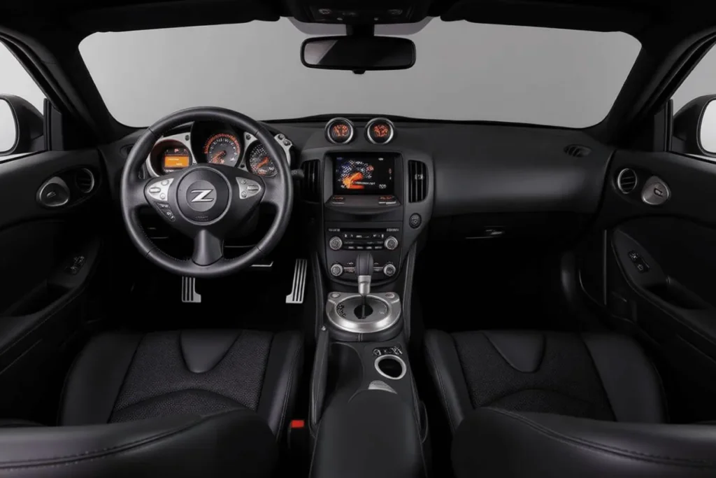 2014 Nissan 370Z Nismo full front cabin view leather sport seats steering wheel center console infotainment screen driver focused layout 2014 Nissan 370Z Nismo full front cabin view leather sport seats steering wheel center console infotainment screen driver focused layout