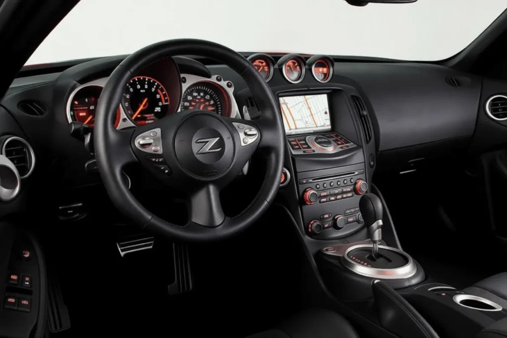 2014 Nissan 370Z Nismo interior angle navigation screen three top gauges automatic shifter black sport seats performance cockpit 2014 Nissan 370Z Nismo interior angle navigation screen three top gauges automatic shifter black sport seats performance cockpit