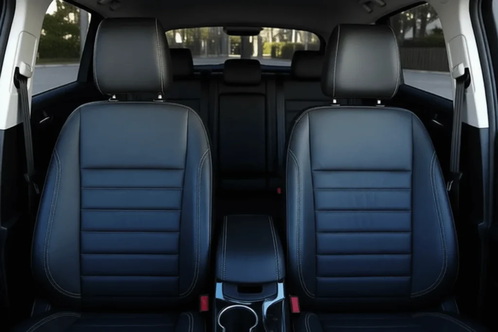 2016 Ford Escape Titanium cabin wide interior view showing black leather front seats contrast stitching center console daylight street backdrop 2016 Ford Escape Titanium cabin wide interior view showing black leather front seats contrast stitching center console daylight street backdrop