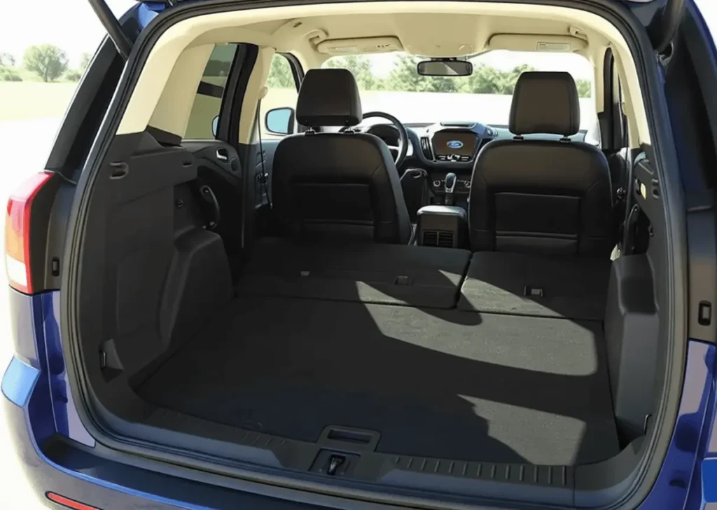 2016 Ford Escape Titanium cargo area view from open tailgate rear seats folded flat wide load floor in bright daylight 2016 Ford Escape Titanium cargo area view from open tailgate rear seats folded flat wide load floor in bright daylight