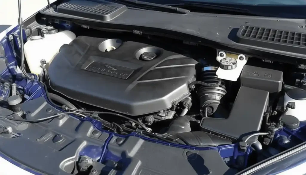 2016 Ford Escape Titanium engine bay top down view highlighting EcoBoost cover intake plumbing coolant reservoir bright outdoor service lighting 2016 Ford Escape Titanium engine bay top down view highlighting EcoBoost cover intake plumbing coolant reservoir bright outdoor service lighting