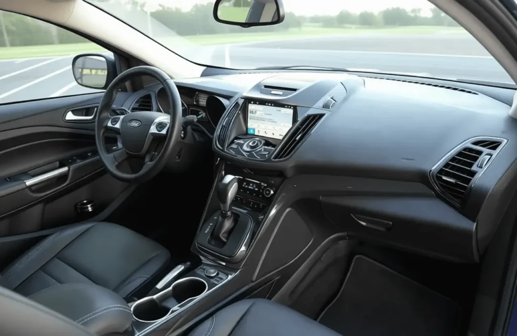 2016 Ford Escape Titanium front cabin cockpit view showing steering wheel touchscreen infotainment center stack controls and automatic shifter 2016 Ford Escape Titanium front cabin cockpit view showing steering wheel touchscreen infotainment center stack controls and automatic shifter