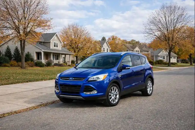 2016 Ford Escape Titanium mid-distance front three-quarter view on residential road, Deep Impact Blue paint, fall trees and homes.