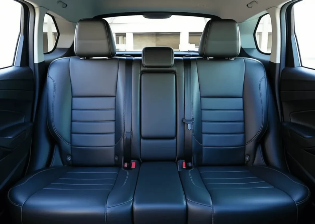 2016 Ford Escape Titanium rear seat interior view showing three headrest leather bench center armrest section and wide rear glass 2016 Ford Escape Titanium rear seat interior view showing three headrest leather bench center armrest section and wide rear glass