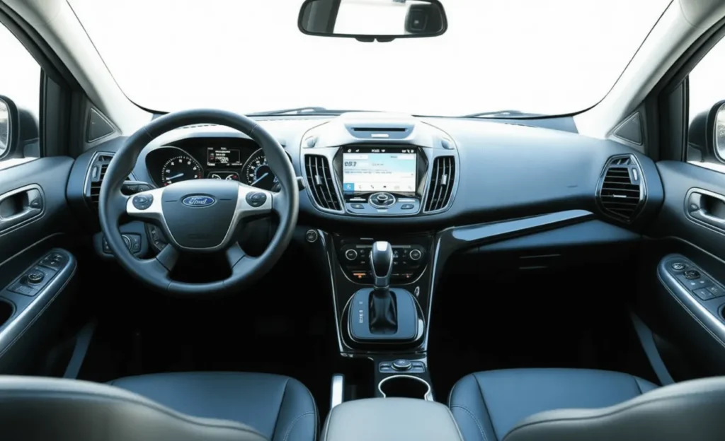 2016 Ford Escape Titanium wide cockpit view showing steering wheel gauge cluster touchscreen infotainment automatic shifter bright outdoor light 2016 Ford Escape Titanium wide cockpit view showing steering wheel gauge cluster touchscreen infotainment automatic shifter bright outdoor light
