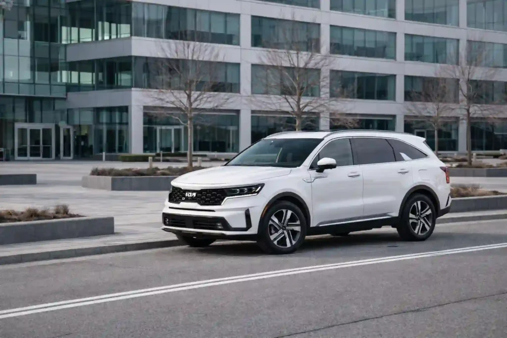 2022 Kia Sorento X Line SX Prestige Distant Front Three Quarter Street View Near Office Campus 2022 Kia Sorento X Line SX Prestige Distant Front Three Quarter Street View Near Office Campus