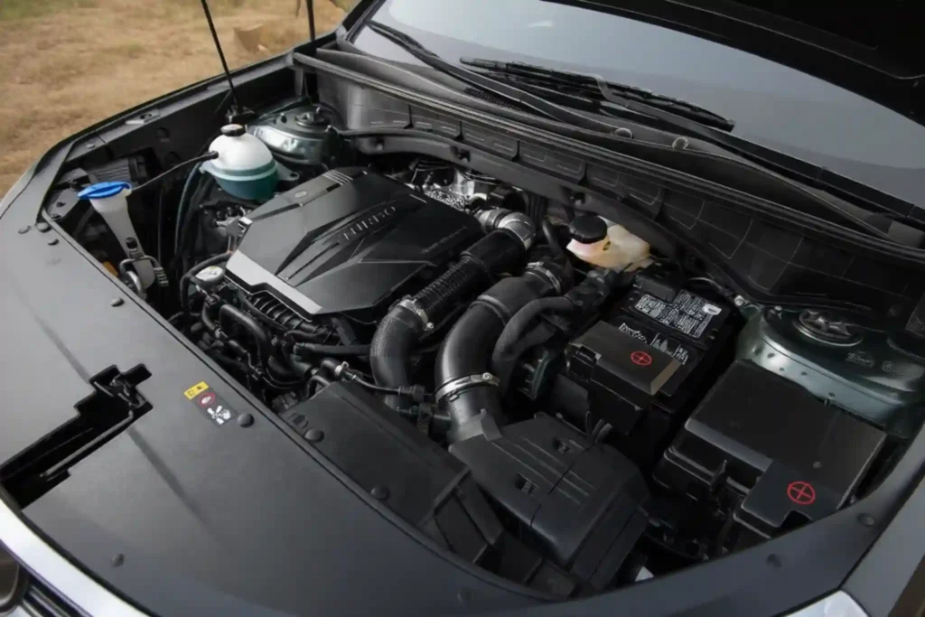 2022 Kia Sorento X Line SX Prestige Engine Bay Overhead Three Quarter View With Engine Cover and Battery 2022 Kia Sorento X Line SX Prestige Engine Bay Overhead Three Quarter View With Engine Cover and Battery
