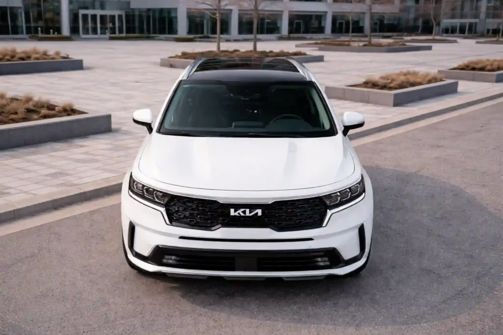 2022 Kia Sorento X Line SX Prestige Head On Front Angle on Curved Office Roadway 2022 Kia Sorento X Line SX Prestige Head On Front Angle on Curved Office Roadway