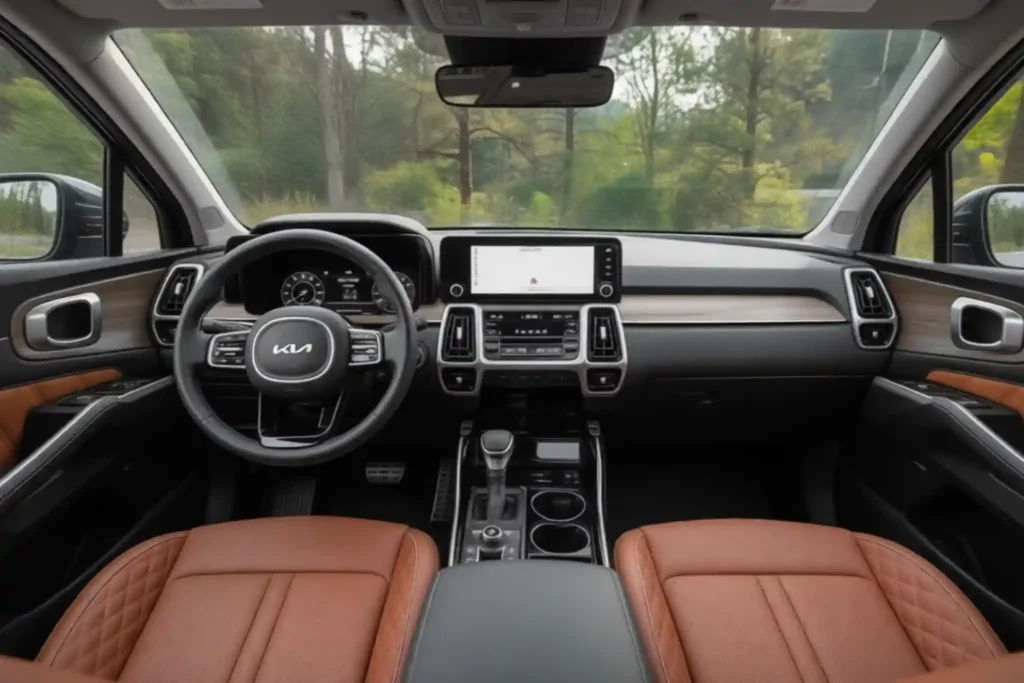 2022 Kia Sorento X Line SX Prestige Interior Centered Cockpit View With Touchscreen and Wood Trim 2022 Kia Sorento X Line SX Prestige Interior Centered Cockpit View With Touchscreen and Wood Trim